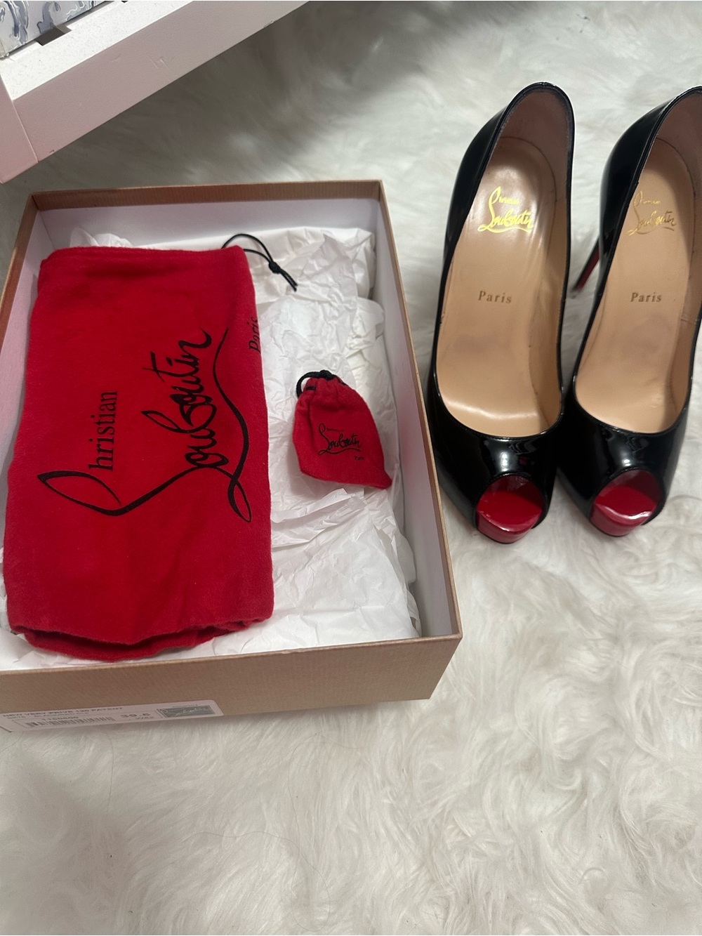 Christian Louboutin Black Patent Peep-Toe Pumps with Red Toe